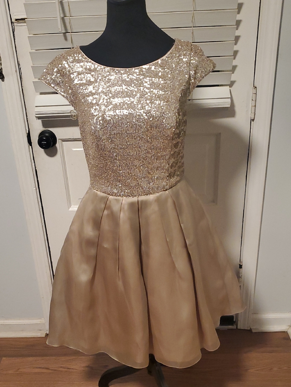Mikael Aghal Gold Sequin Bodice with Champagne Satin Skirt